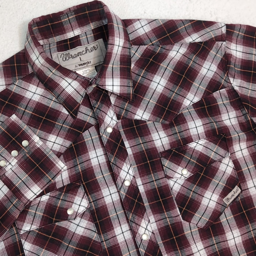 Wrancher By Wrangler Plaid‎ Pearl Snap Button Down Shirt Men's L Red Lightweight